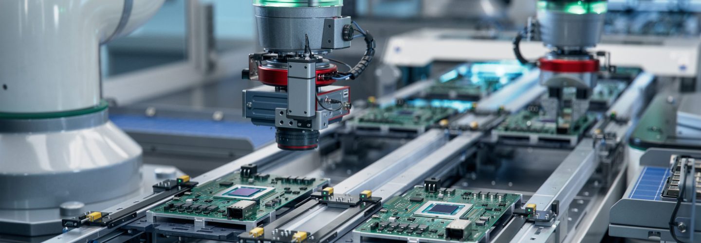 Component Installation and Quality Control of Circuit Board. Fully Automated PCB Assembly Line Equipped with High Precision Robot Arms at Electronics Factory. Electronic Devices Manufacturing Industry
