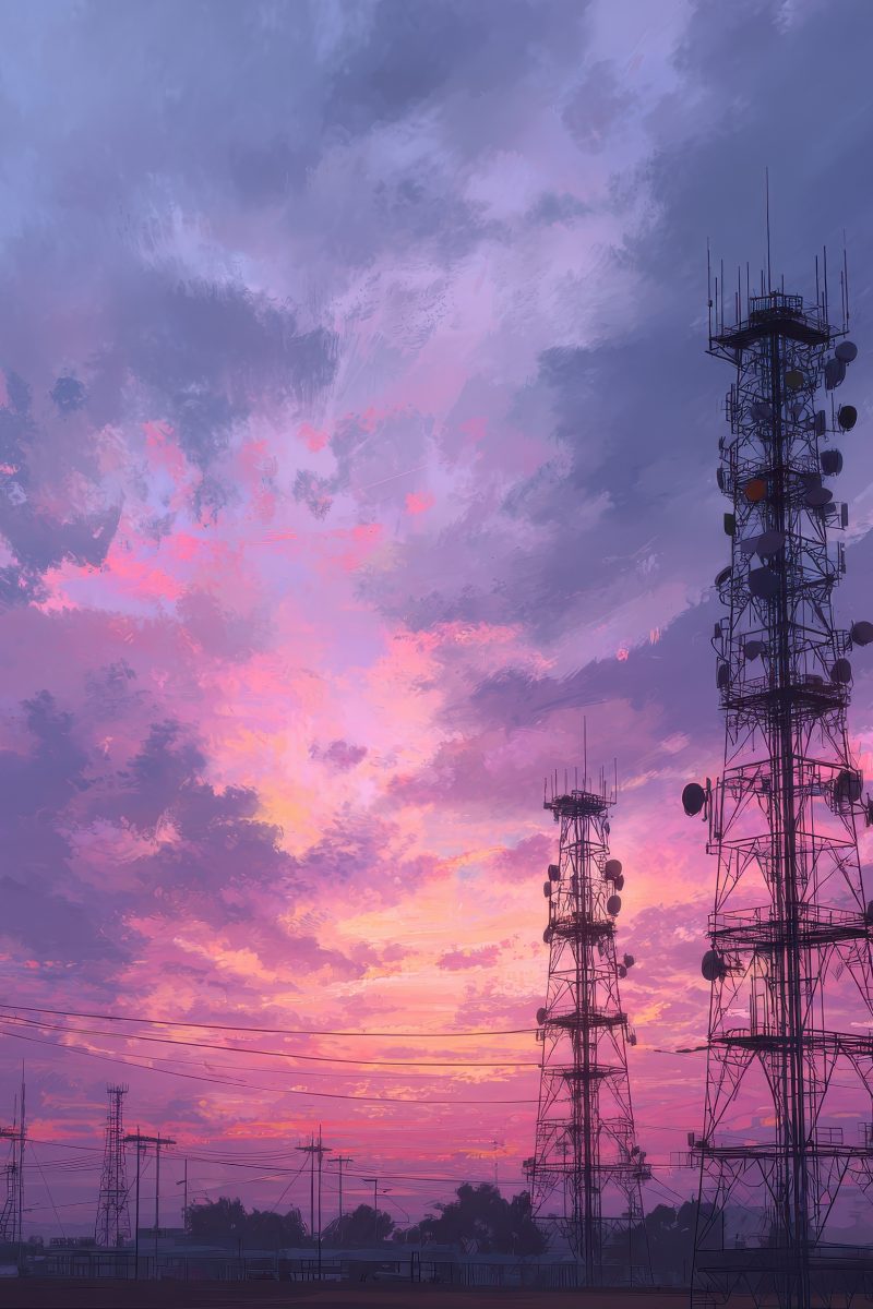 colorful sunset over cell phone towers for telecommunication infrastructure design